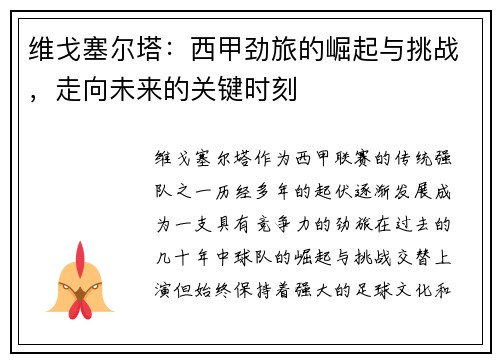 维戈塞尔塔：西甲劲旅的崛起与挑战，走向未来的关键时刻