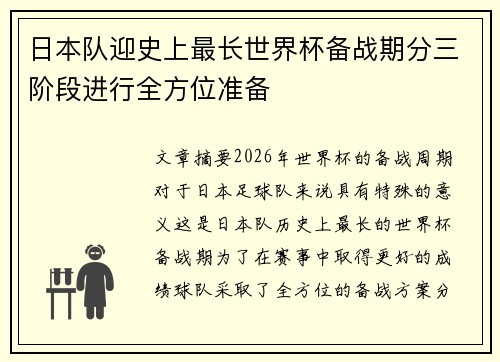 日本队迎史上最长世界杯备战期分三阶段进行全方位准备