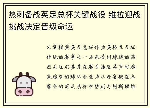 热刺备战英足总杯关键战役 维拉迎战挑战决定晋级命运